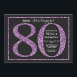 Surprise 80th Birthday Invitation Purple Glitter<br><div class="desc">Surprise 80th Birthday Invitation. Black and Purple Glitter Birthday Party Invite with Chalkboard Background. Surprise Birthday. Adult Birthday. Men or Women Bday Bash Party. For further customization,  please click the "Customize it" button and use our design tool to modify this template.</div>