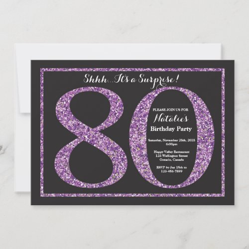 Surprise 80th Birthday Invitation Purple Glitter