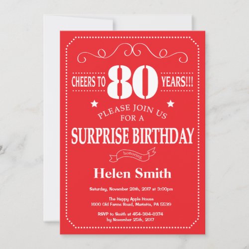 Surprise 80th Birthday Invitation Red and White