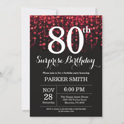 Surprise 80th Birthday Invitation Red Glitter