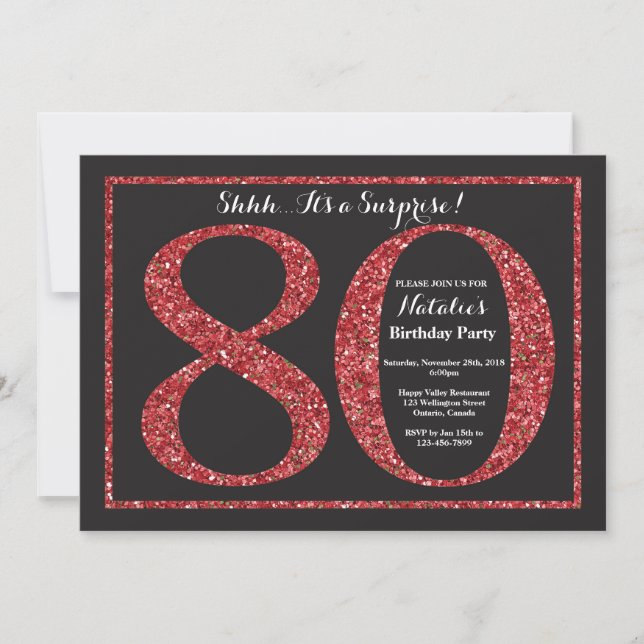 Surprise 80th Birthday Invitation Red Glitter (Front)