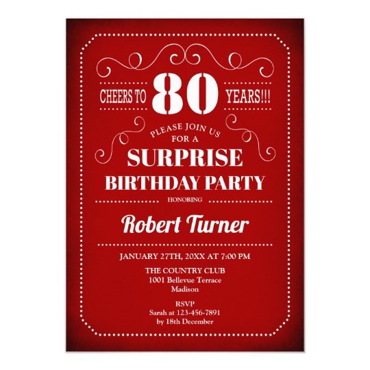 Surprise 80th Birthday Invitation Red White