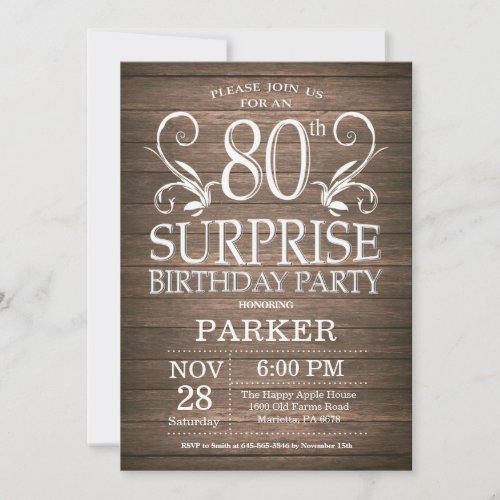 Surprise 80th Birthday Invitation Rustic Wood