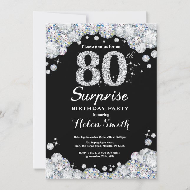 Surprise 80th Birthday Invitation Silver Diamond (Front)