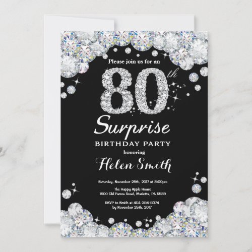 Surprise 80th Birthday Invitation Silver Diamond