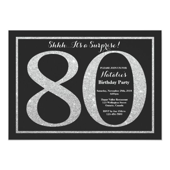 Surprise 80th Birthday Invitation Silver Glitter