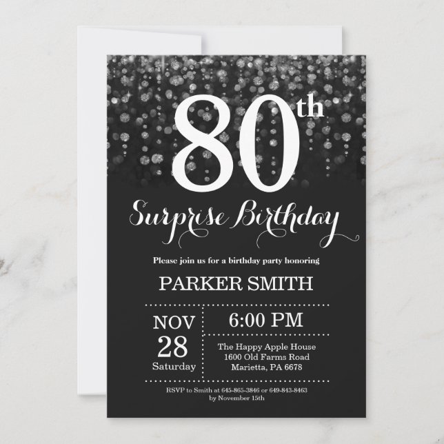 Surprise 80th Birthday Invitation Silver Glitter (Front)