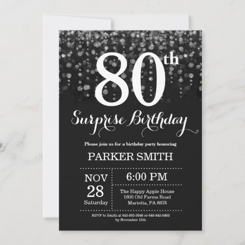 Surprise 80th Birthday Invitation Silver Glitter