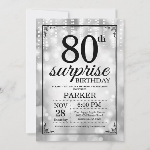 Surprise 80th Birthday Invitation Silver Glitter