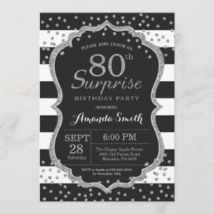 Surprise 80th Birthday Invitation. Silver Glitter Invitation