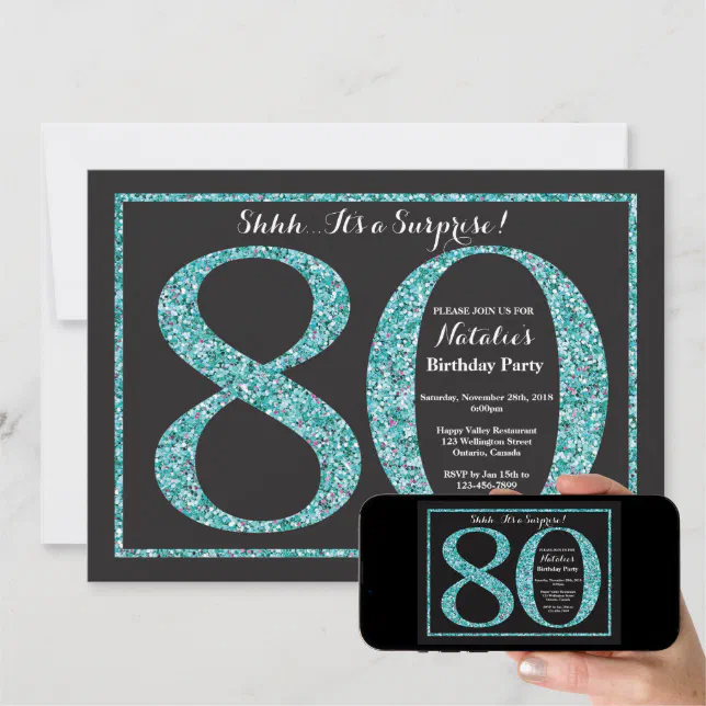 Surprise 80th Birthday Invitation Teal Glitter Zazzle