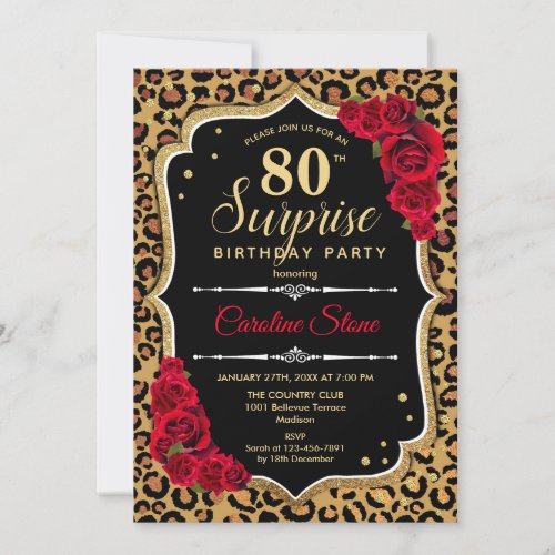 Surprise 80th Birthday _ Leopard Black Gold Red Invitation