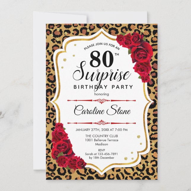 Surprise 80th Birthday - Leopard Gold White Red Invitation (Front)