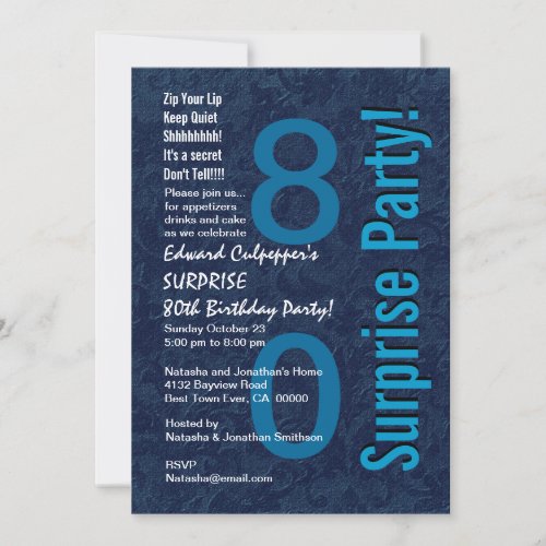 SURPRISE 80th Birthday Modern Hues of Blue W036 Personalized Invitations