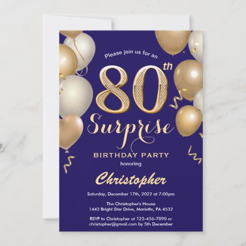 Surprise 80th Birthday Navy Blue and Gold Balloons Invitation