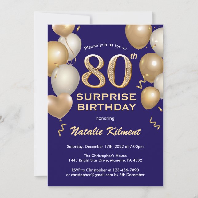 Surprise 80th Birthday Navy Blue and Gold Balloons Invitation (Front)