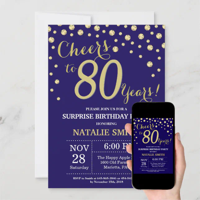 Surprise 80th Birthday Navy Blue and Gold Diamond Invitation | Zazzle