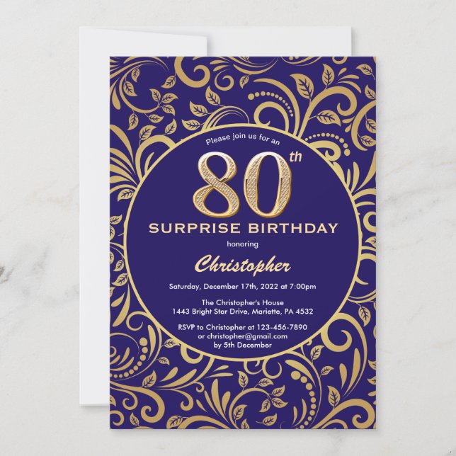 Surprise 80th Birthday Navy Blue and Gold Floral Invitation (Front)