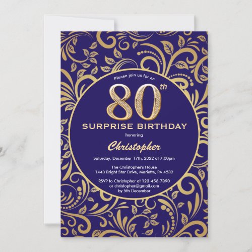 Surprise 80th Birthday Navy Blue and Gold Floral Invitation