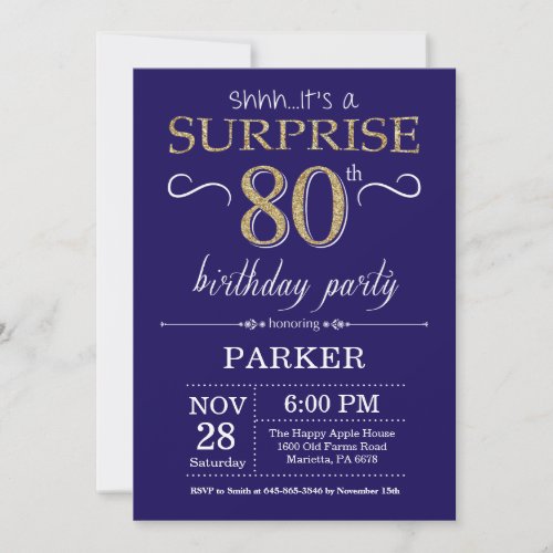 Surprise 80th Birthday Navy Blue and Gold Glitter Invitation