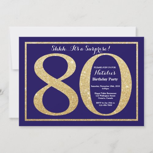 Surprise 80th Birthday Navy Blue and Gold Glitter Invitation