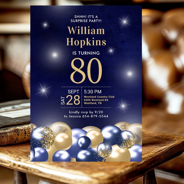 Surprise 80th Birthday Navy Blue Gold Balloons Invitation (Creator Uploaded)