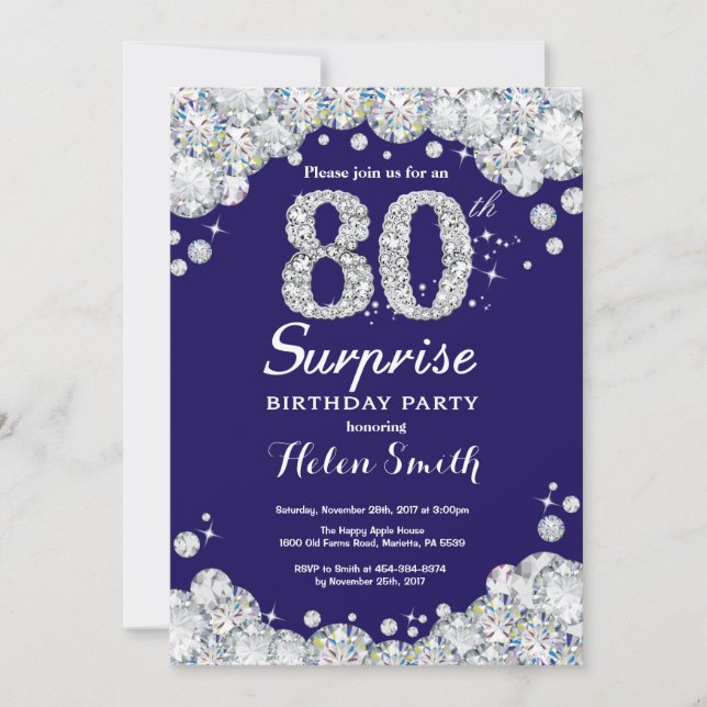 Surprise 80th Birthday Navy Blue Silver Diamond Invitation (Front)