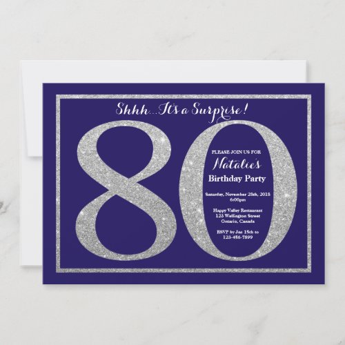 Surprise 80th Birthday Navy Blue Silver Glitter Invitation