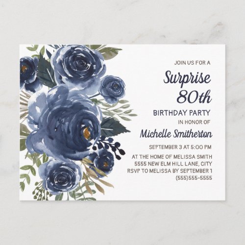 Surprise 80th Birthday Navy Blue Watercolor Floral Postcard