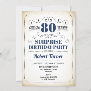 Surprise 80th Birthday - Navy Blue White Black Invitation