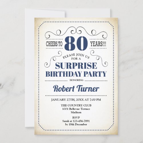 Surprise 80th Birthday _ Navy Blue White Black Invitation