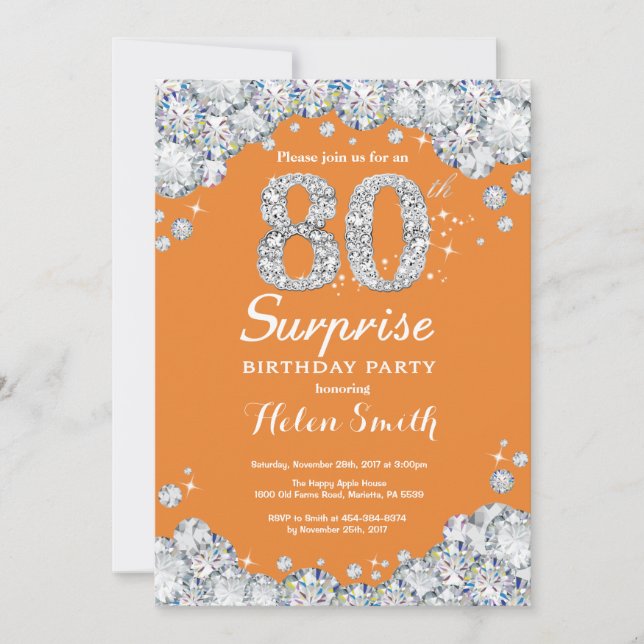 Surprise 80th Birthday Orange and Silver Diamond Invitation (Front)
