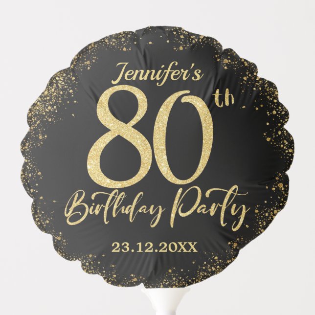 Surprise 80th Birthday Party Black & Gold Glitter Balloon (Front)