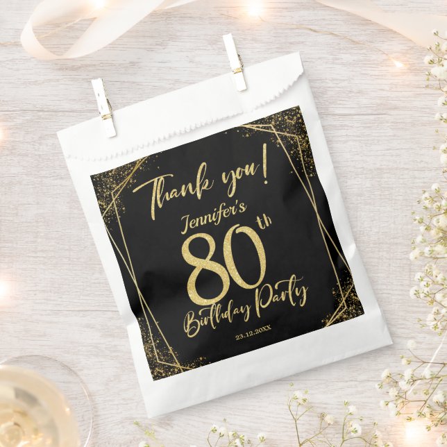 Surprise 80th Birthday Party Black & Gold Glitter Favor Bag (Clipped)