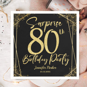 Surprise 80th Birthday Party Black & Gold Glitter Napkins