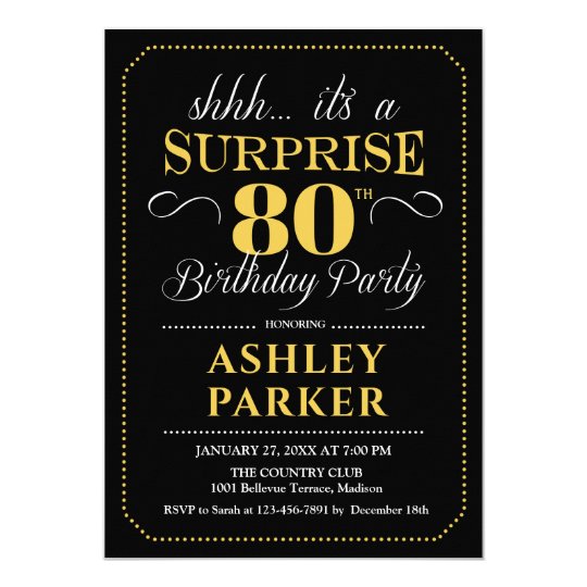 Surprise 80th Birthday Party - Black Gold Invitation | Zazzle.com