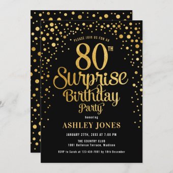 Surprise 80th Birthday Party - Black & Gold Invitation | Zazzle