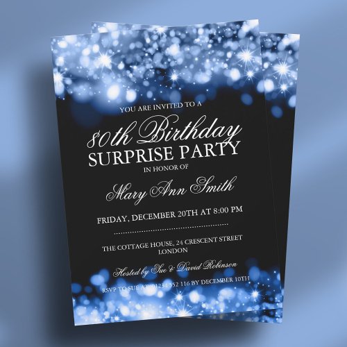 Surprise 80th Birthday Party Blue Sparkling Lights Invitation