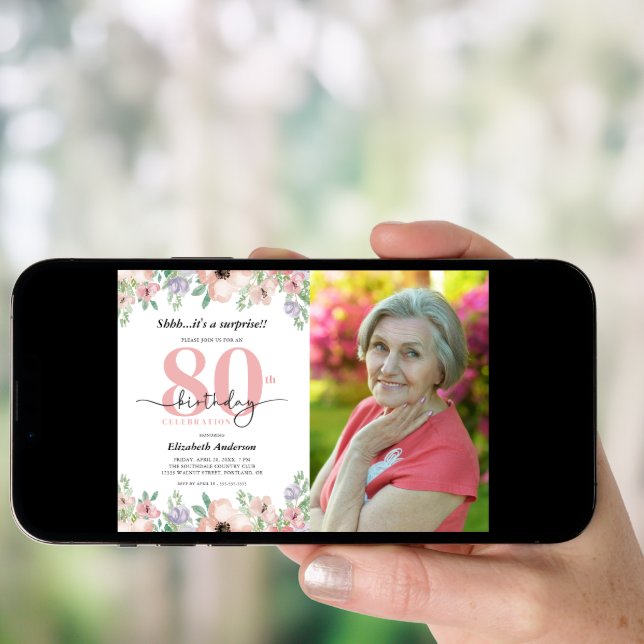 Surprise 80th Birthday Party Elegant Floral Photo Invitation (Front Digital)