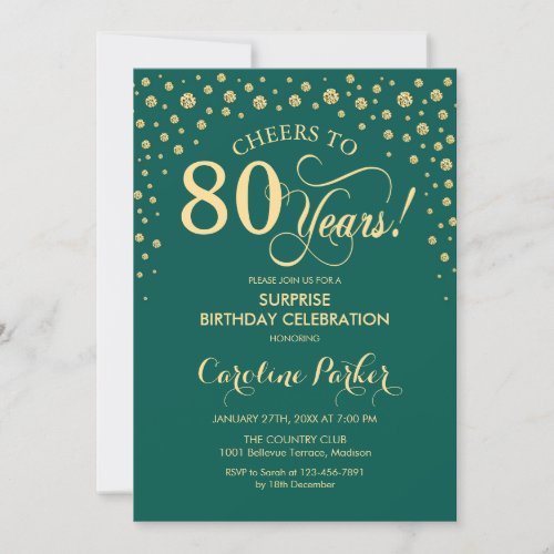 Surprise 80th Birthday Party _ Emerald Green Gold Invitation