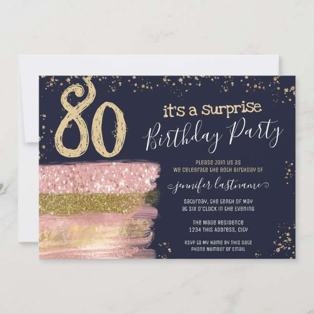 Surprise 80th Birthday Party Glitter Cake Invitation (Front)