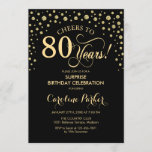 Surprise 80th Birthday Party - Gold Black Invitation<br><div class="desc">Surprise 80th Birthday Party Invitation.
Elegant design in black and faux glitter gold . Features script font and diamonds confetti. Cheers to 80 Years! Message me if you need further customization.</div>