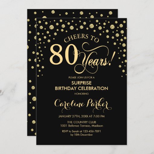 Surprise 80th Birthday Party - Gold Black Invitation | Zazzle