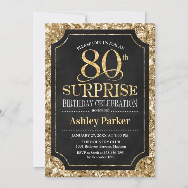 Surprise 80th Birthday Party - Gold Black Invitation (Front)