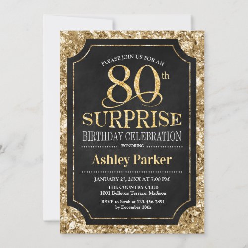 Surprise 80th Birthday Party _ Gold Black Invitation