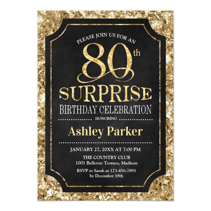 surprise-80th-birthday-party-gold-black-invitation-zazzle