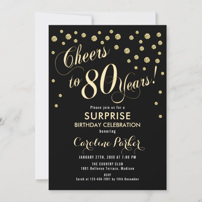 Surprise 80th Birthday Party - Gold Black Invitation (Front)
