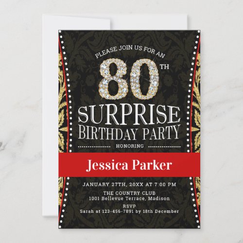 Surprise 80th Birthday Party _ Gold Black Red Invitation