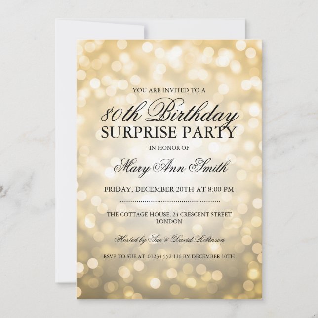 Surprise 80th Birthday Party Gold Glitter Lights Invitation (Front)