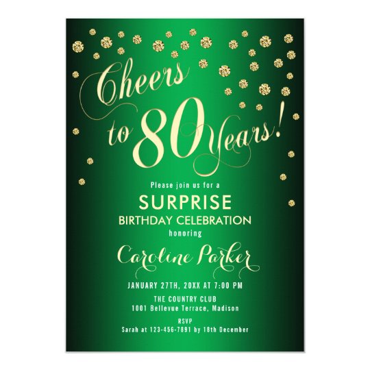 Surprise 80th Birthday Party - Gold Green Invitation | Zazzle.com